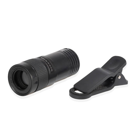 Black telescope with a separate clip to attach the telescope to a phone.