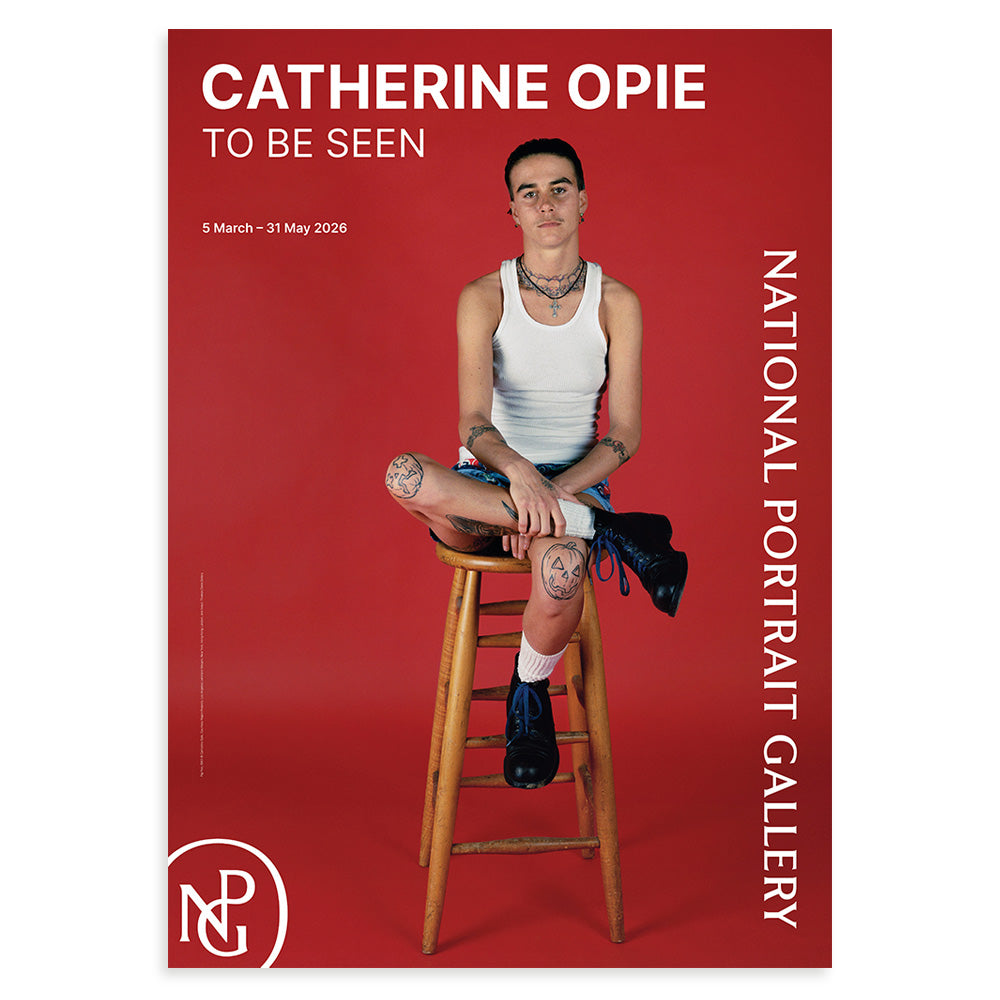 Poster for catherine opie: to be seen exhibition at the national portrait gallery with a person sitting on a stool with a tattooed knee, against a red background.