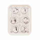 Tray with a cream background, with portraits of the six wives of Henry VIII in a family tree formation.