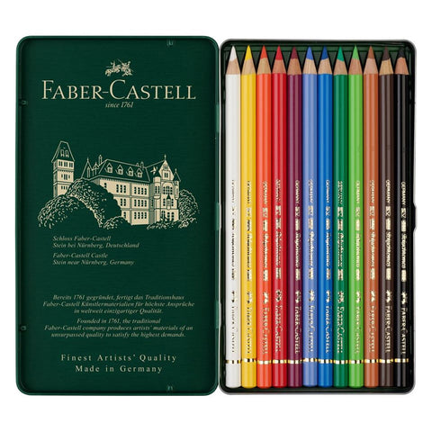 Interior view of tin containing 12 colouring pencils in multiple colours.