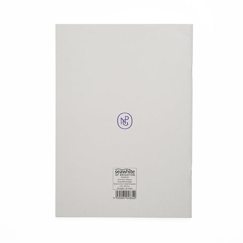 Reverse of light grey sketchbook with NPG monogram in purple. 