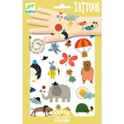 Image: A set of illustrated animals temporary tattoos in rectangular packaging. 