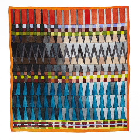 Printed square silk scarf in a geometric brush stroke pattern. 