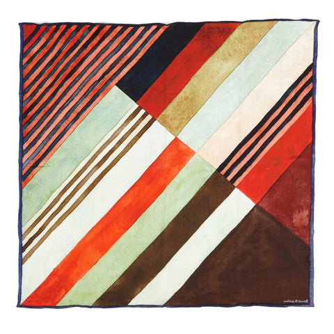 Square silk scarf featuring a diagonal striped brush stroke pattern in orange tones. 