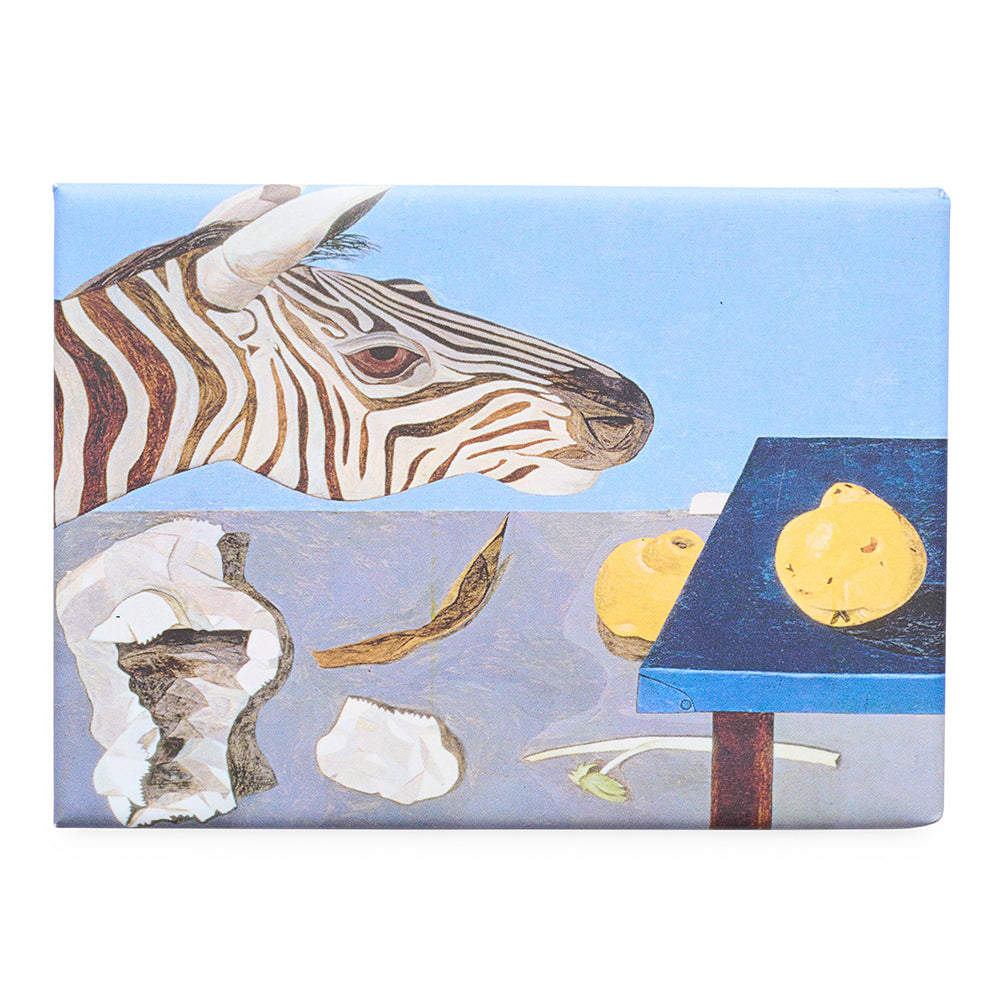 Rectangular magnet with abstract artwork of a painted zebra and a blue table.