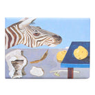 Rectangular magnet with abstract artwork of a painted zebra and a blue table.