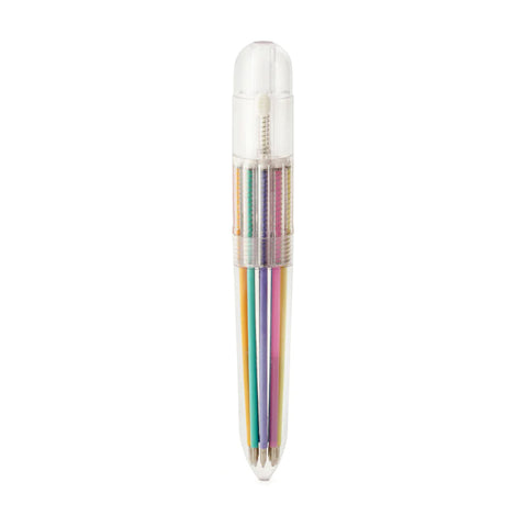 A transparent pen featuring multi-colour cartridges inside.