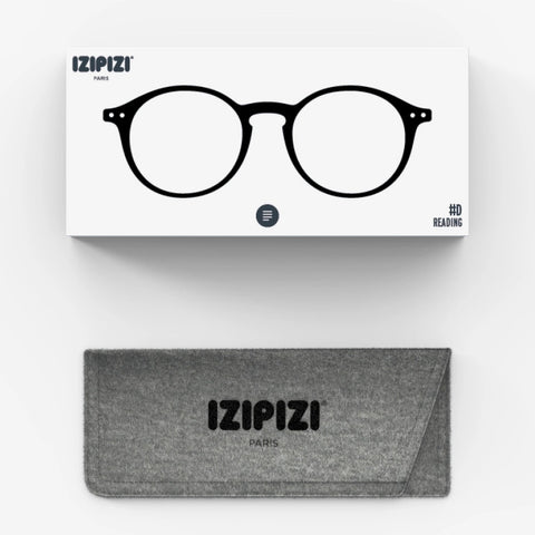 Packaging of black reading glasses with a grey felt pouch with IZIPIZI logo.