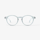 A pair of reading glasses with a frosted pale blue frame.