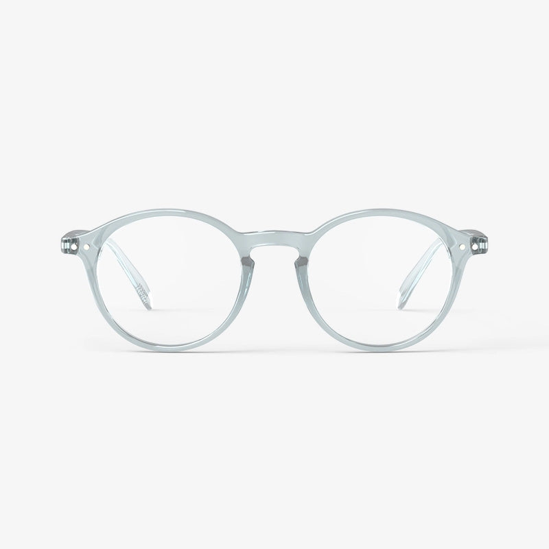 A pair of reading glasses with a frosted pale blue frame.