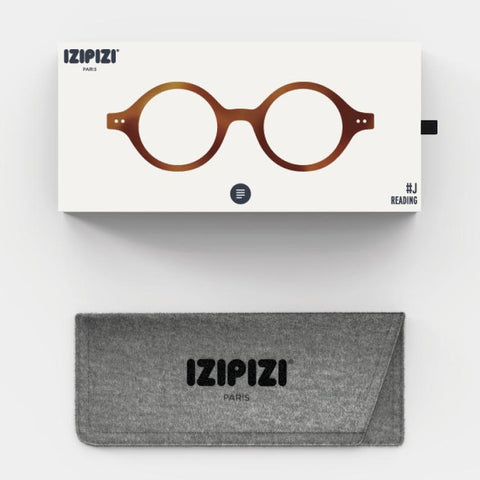 Packaging of havane reading glasses with a grey felt pouch with IZIPIZI logo.