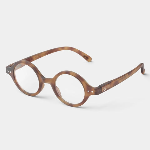 Reading glasses in a brown tortoise coloured rounded frame.
