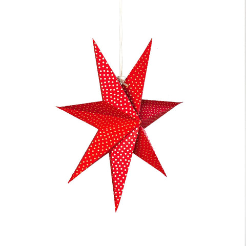 A single hanging 3D red star decoration with gold dots.