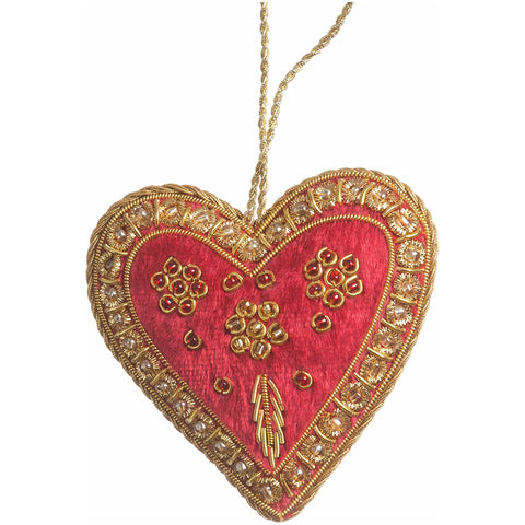 Heart shaped hanging textile decoration in red with gold embroidered detailing.