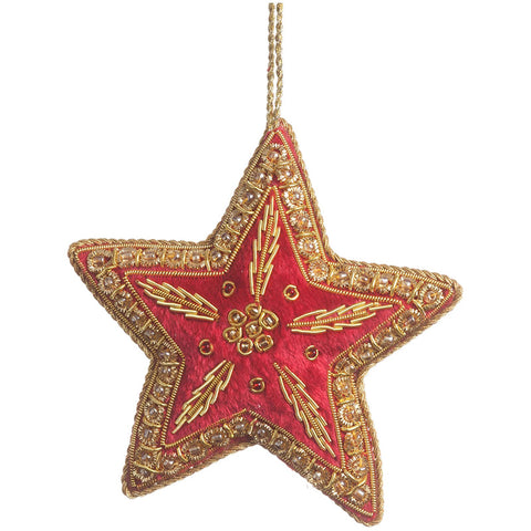Star shaped hanging textile decoration in red with gold embroidered detailing.
