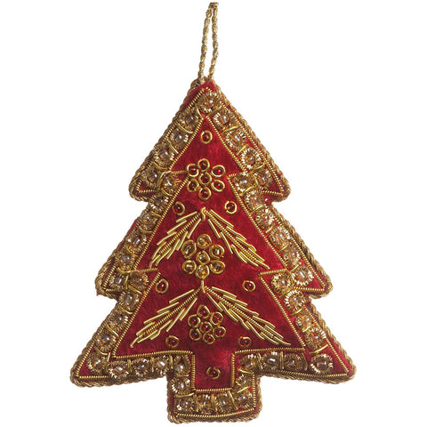 Tree shaped hanging textile decoration in red with gold embroidered detailing.