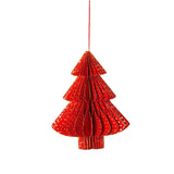 A 3D red honeycomb paper Christmas tree decoration  with gold dots hanging from a red thread.