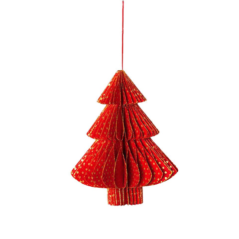 A 3D red honeycomb paper Christmas tree decoration  with gold dots hanging from a red thread.