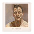 A square poster of a painting of a man staring out of frame, with the text 'Lucian Freud Drawing into Painting'. 