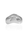 Chunky silver ring with an imperfect band design with it having a wave it it. 