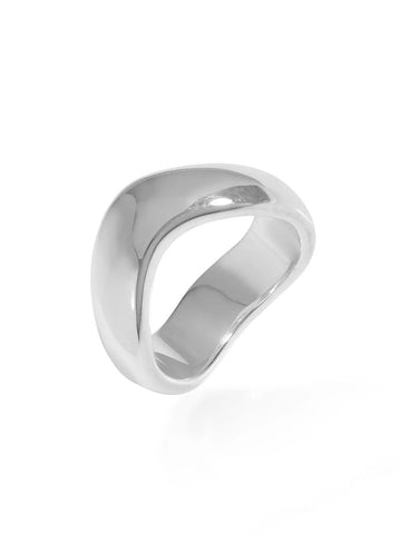 Side and top view of the chunky silver ring with a wavy band. 