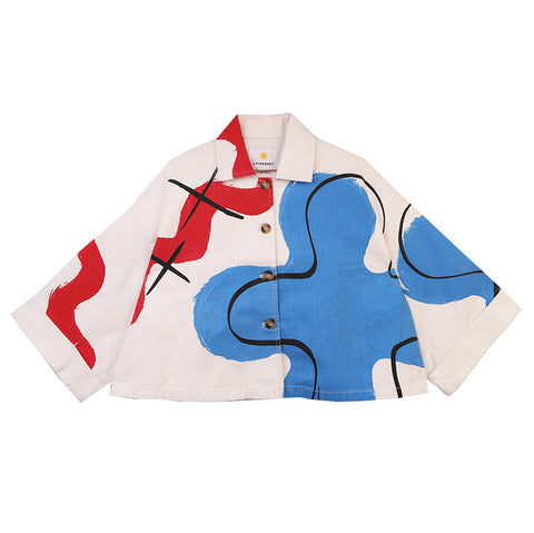 White cropped buttoned collared jacket with blue and red abstract designs outlined in black.