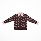 Brown cardigan with pink floral pattern and pink collar on a white background