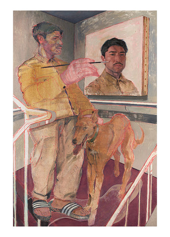 A painting of a man holding a paint brush and painting a canvas of himself, a dog stands by his side.