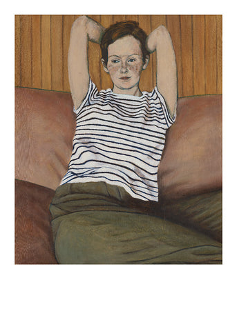 A painted portrait of a woman in striped t-shirt lying against a sofa.
