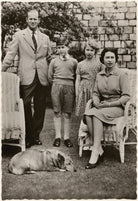 H.M. The Queen with her family in Windsor Castle gardens' (Prince Philip, Duke of Edinburgh; King Charles III; Princess Anne; Queen Elizabeth II) Portrait Print