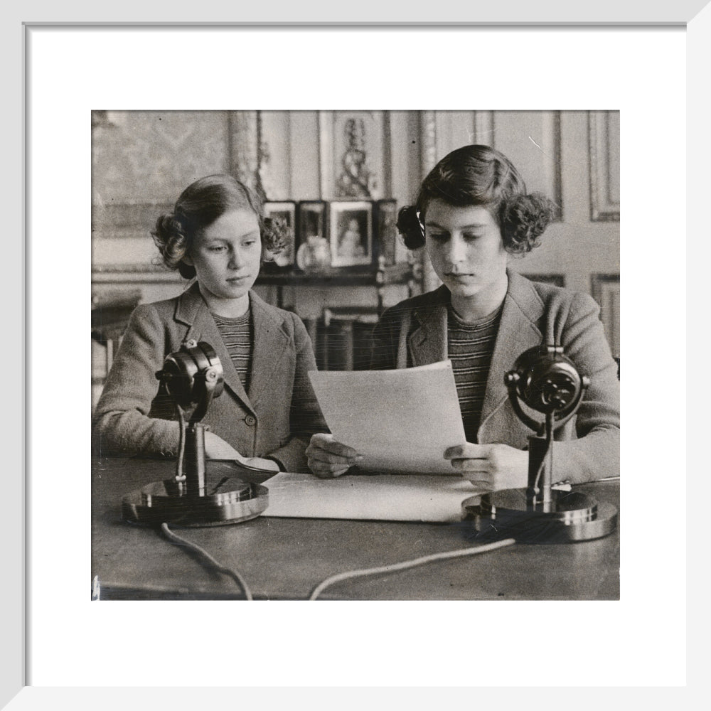 Princess margaret; queen elizabeth ii portrait print (art print, small, white frame)