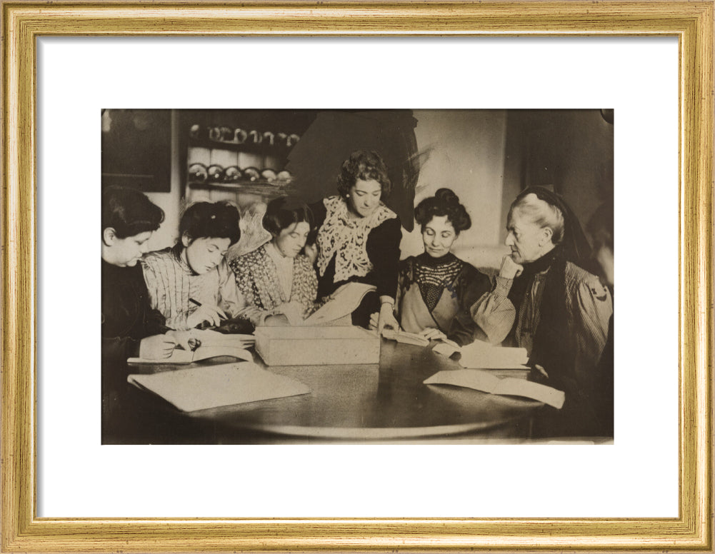 Suffragette committee meeting portrait print (art print, small, gold frame)