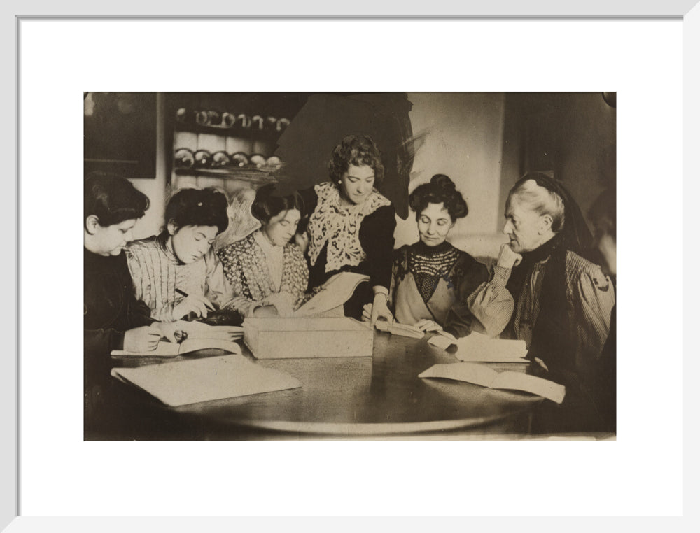 Suffragette committee meeting portrait print (art print, medium, white frame)