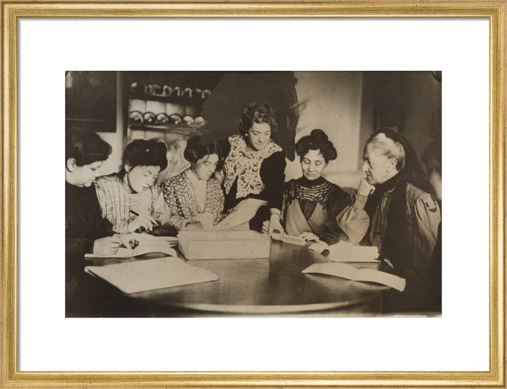 Suffragette committee meeting portrait print (art print, medium, gold frame)