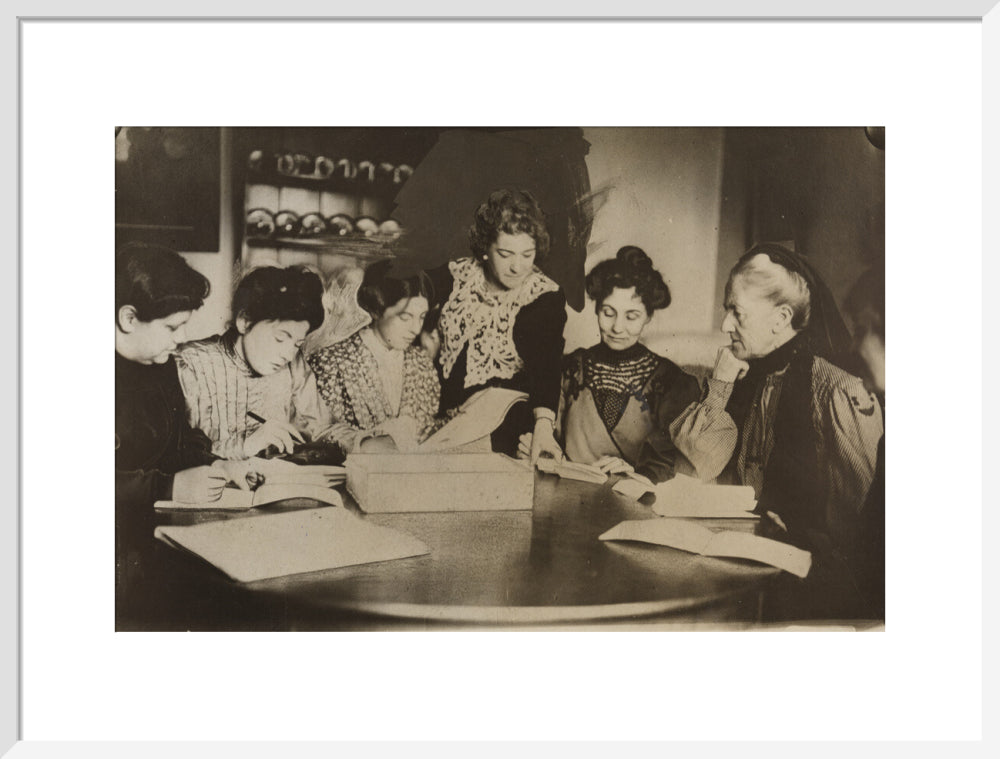 Suffragette committee meeting portrait print (art print, large, white frame)