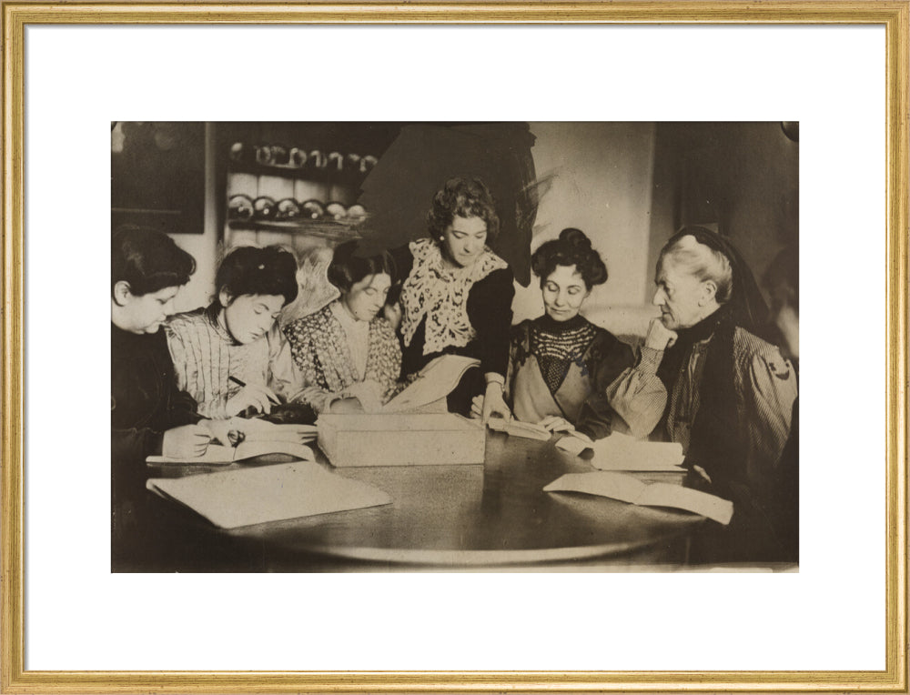 Suffragette committee meeting portrait print (art print, large, gold frame)