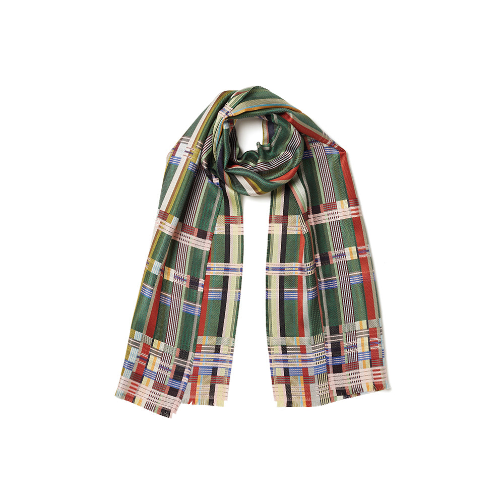 Plaid scarf with green, red, and multicolor pattern on a white background