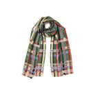 Plaid scarf with green, red, and multicolor pattern on a white background