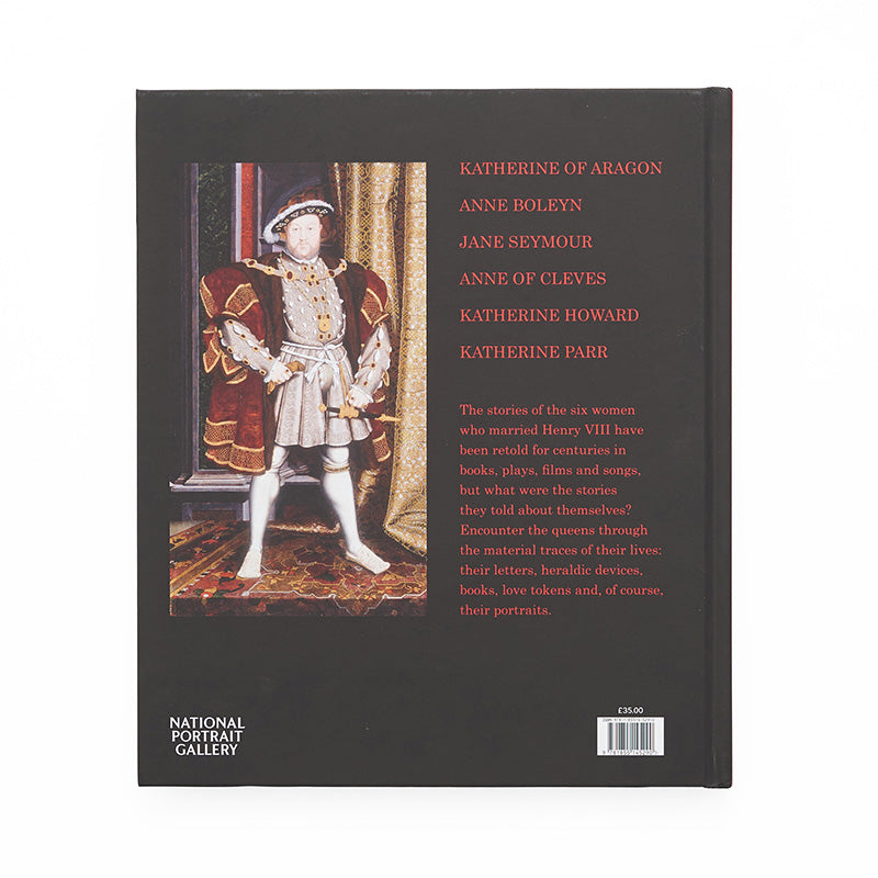 Reverse of six lives book featuring the names of the six queens in red and a portrait of henry viii.