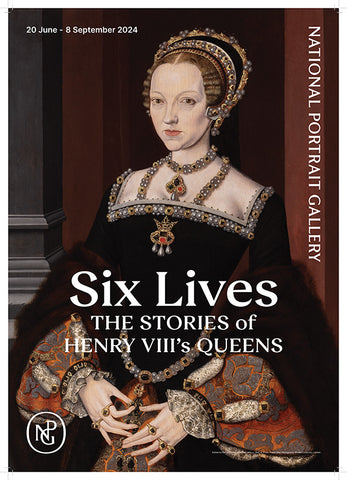 Exhibition poster with a portrait of Katherine Parr wearing a lavish black and red and gold gown. Exhibition title in white, with the NPG logo in the bottom left, the dates of the exhibition in the to left and the National Portrait Gallery on the right hand side, all in white text.  