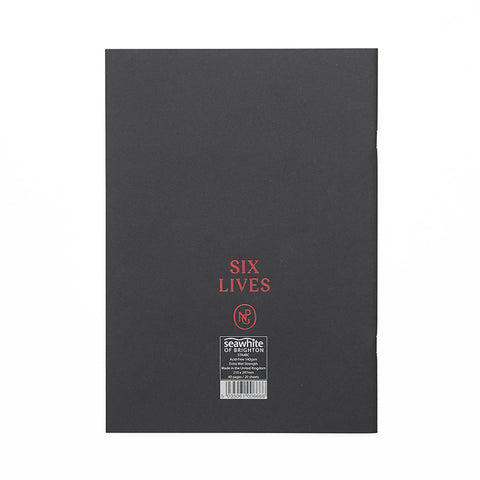 Reverse of black sketchbook with Six Lives exhibition title and NPG monogram in red. 