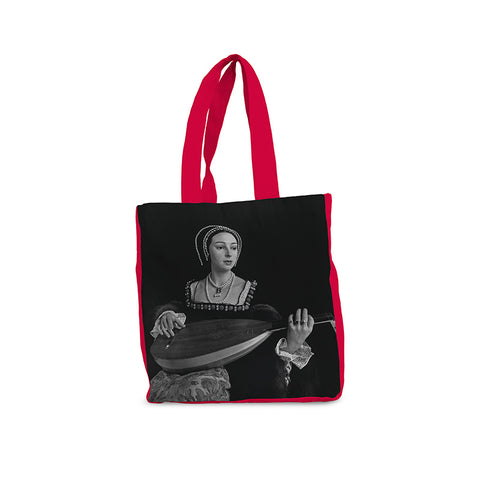 A black tote bag with red handles featuring a black and white portrait of Anne Boleyn playing a lute.