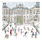 Several people skating on a rink outside a big historic building. 