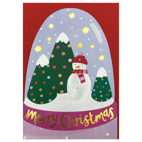 A snowglobe shaped card with 3 small green trees and a snowman inside. Merry Christmas is on the snowglobe's base. 