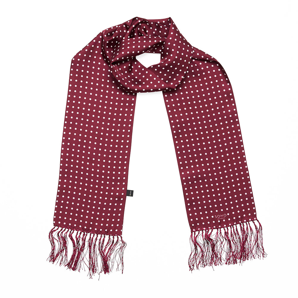 Sopporo polka dot silk aviator scarf burgundy styled