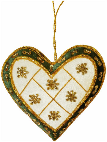 Heart shaped textile decoration in ivory and green with gold embroidered detailing. 