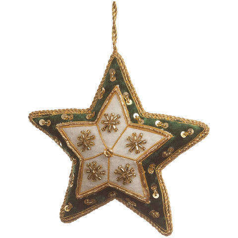 Ivory and green textile star shaped hanging decoration with gold embroidered detailing. 