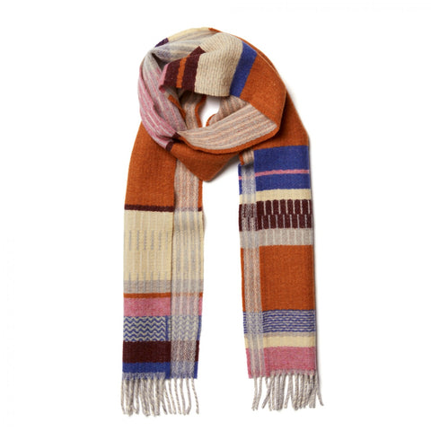 An orange, pink, beige and blue multicoloured scarf.