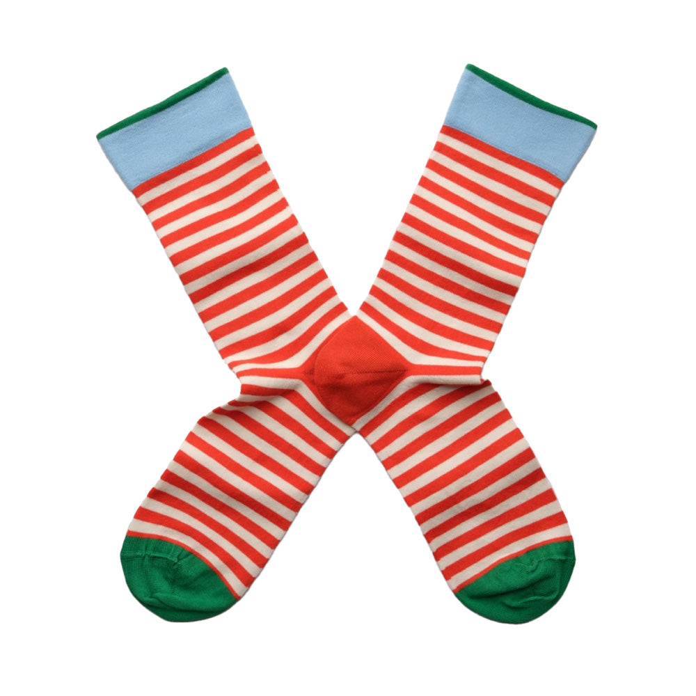 Red and white striped socks with green accents on a white background
