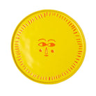 Yellow plate with a sunshine face design on a white background